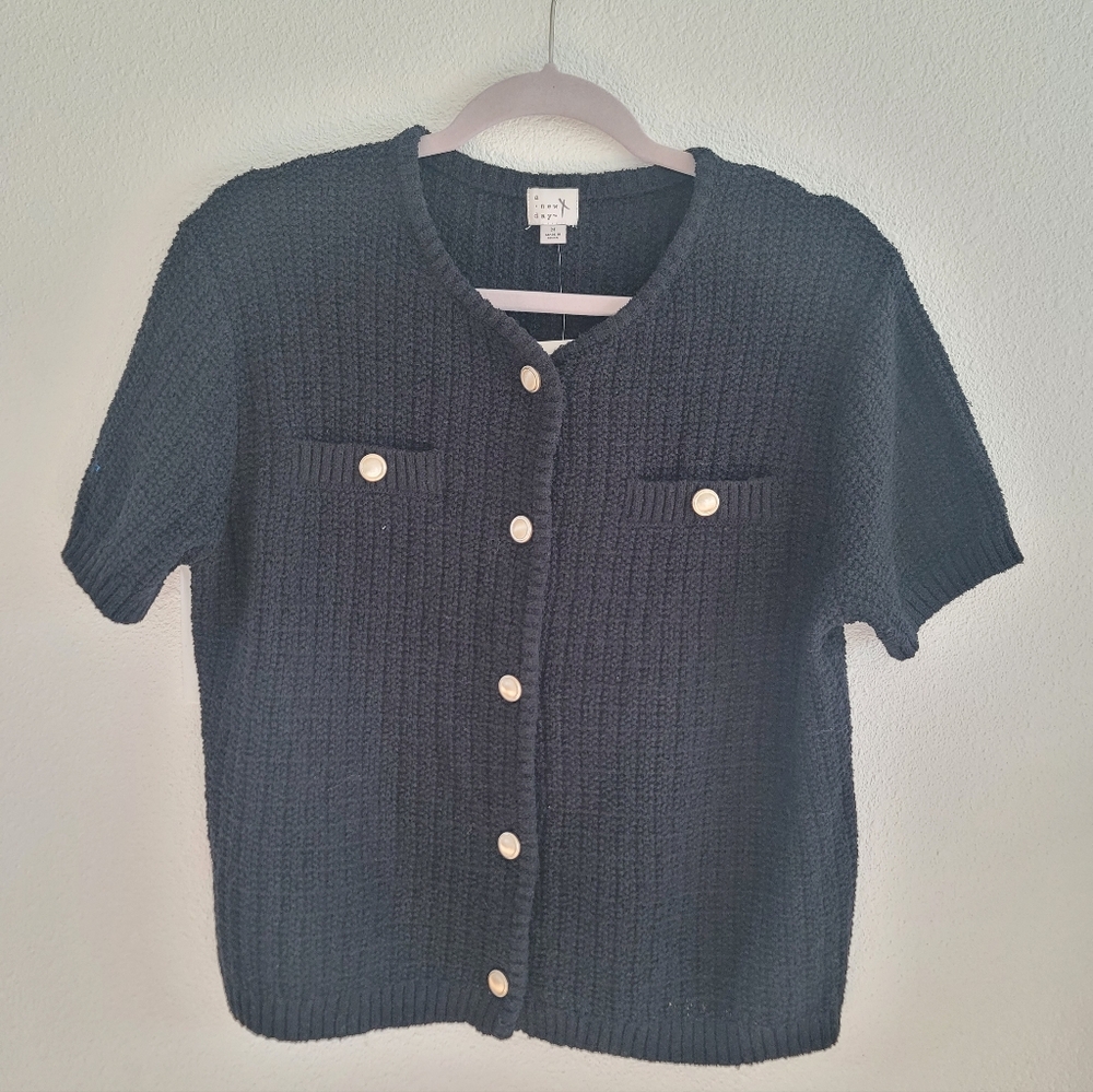 A New Day Short Sleeve Knitted Button Down Black Cardigan